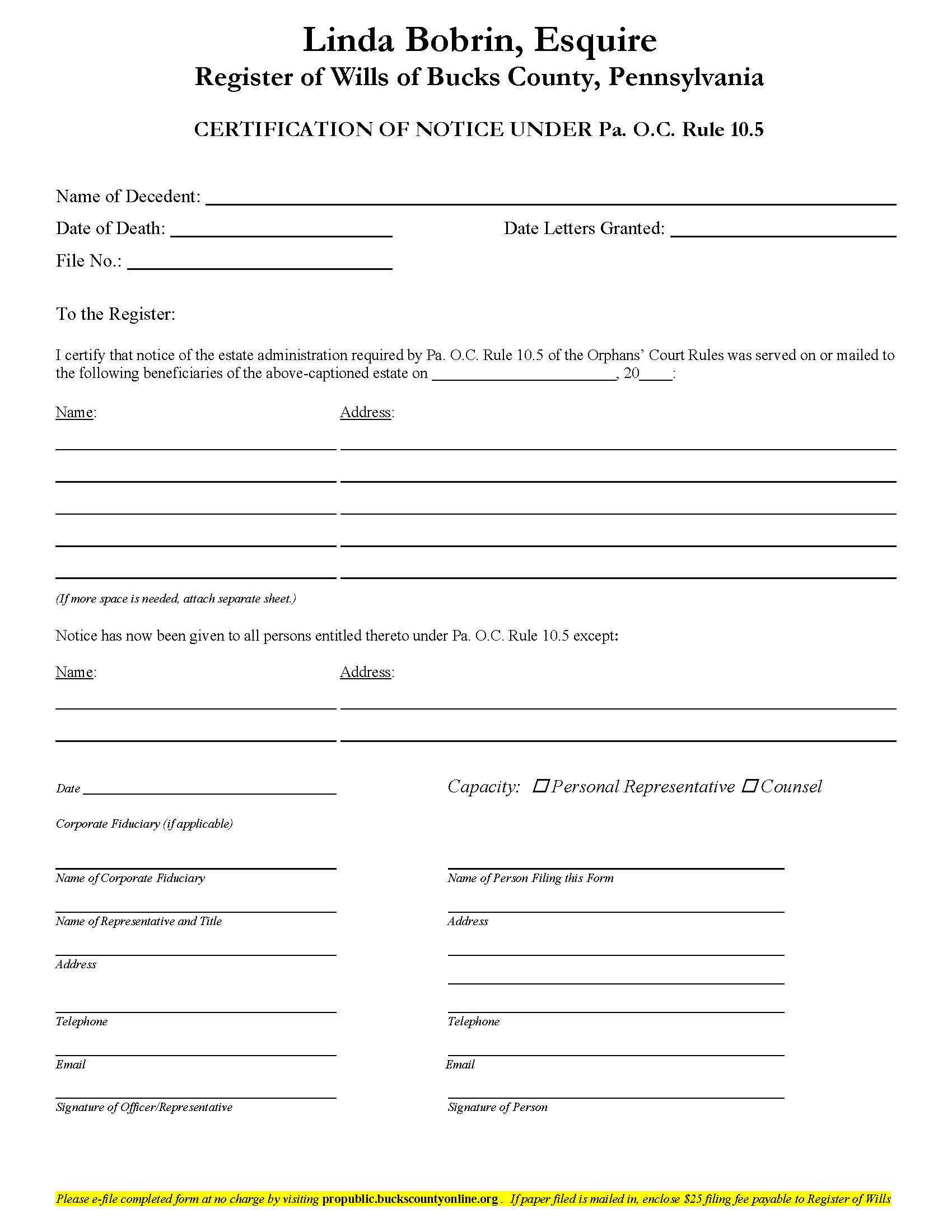 Certification Of Notice (Bucks County) {RW-08} | Pdf Fpdf Doc Docx | Pennsylvania