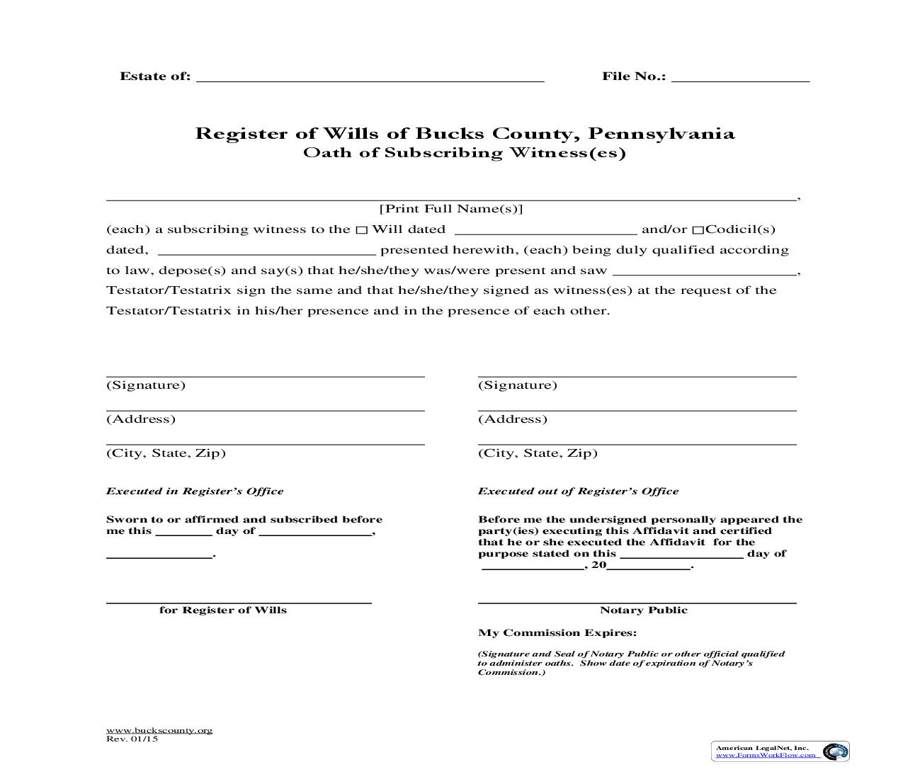 Oath Of Subscribing Witness | Pdf Fpdf Doc Docx | Pennsylvania