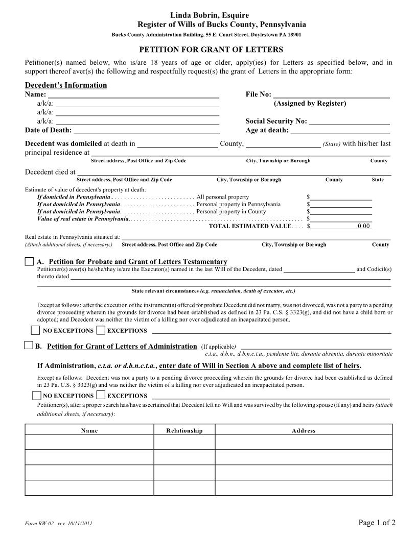 Petition For Grant Of Letters | Pdf Fpdf Doc Docx | Pennsylvania