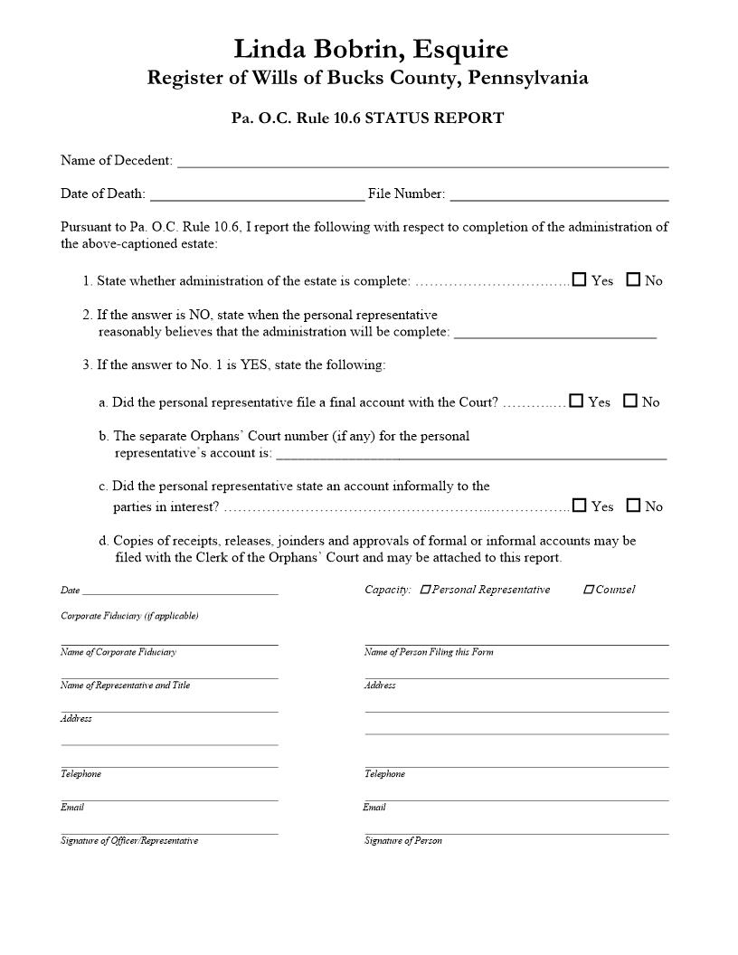 Status Report (Bucks County) {RW-10} | Pdf Fpdf Doc Docx | Pennsylvania