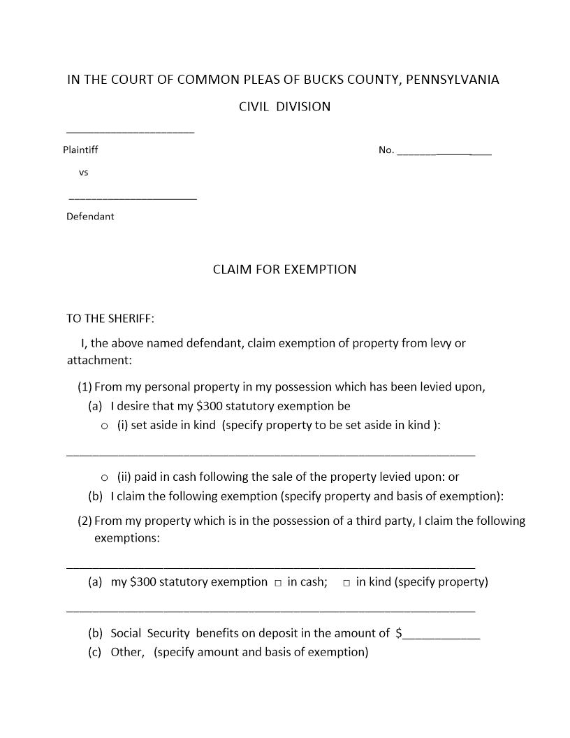 Claim For Exemption | Pdf Fpdf Doc Docx | Pennsylvania