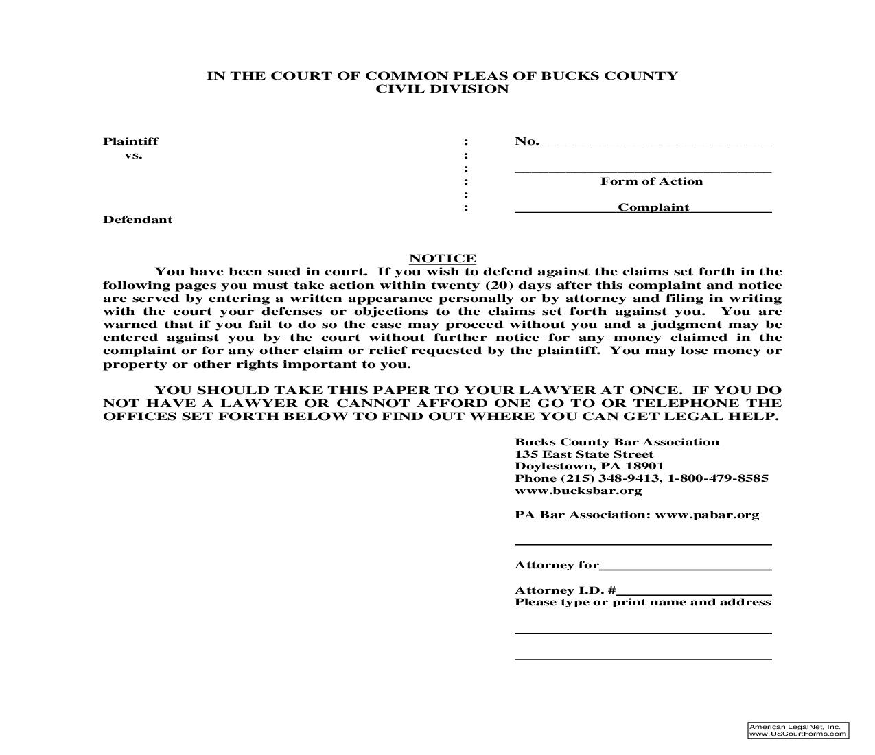 NoticeTo Defend | Pdf Fpdf Doc Docx | Pennsylvania