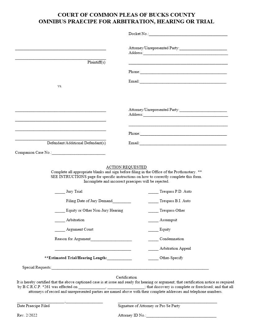 Omnibus Praecipe For Arbitration Hearing Or Trial | Pdf Fpdf Doc Docx | Pennsylvania