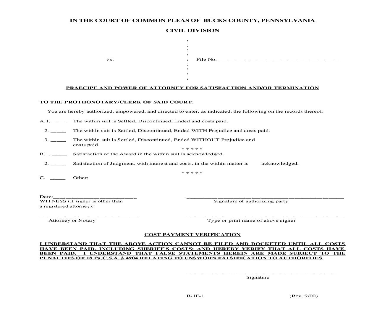 Praecipe And Power Of Attorney For Satisfaction And Or Termination {B-1F-1} | Pdf Fpdf Doc Docx | Pennsylvania