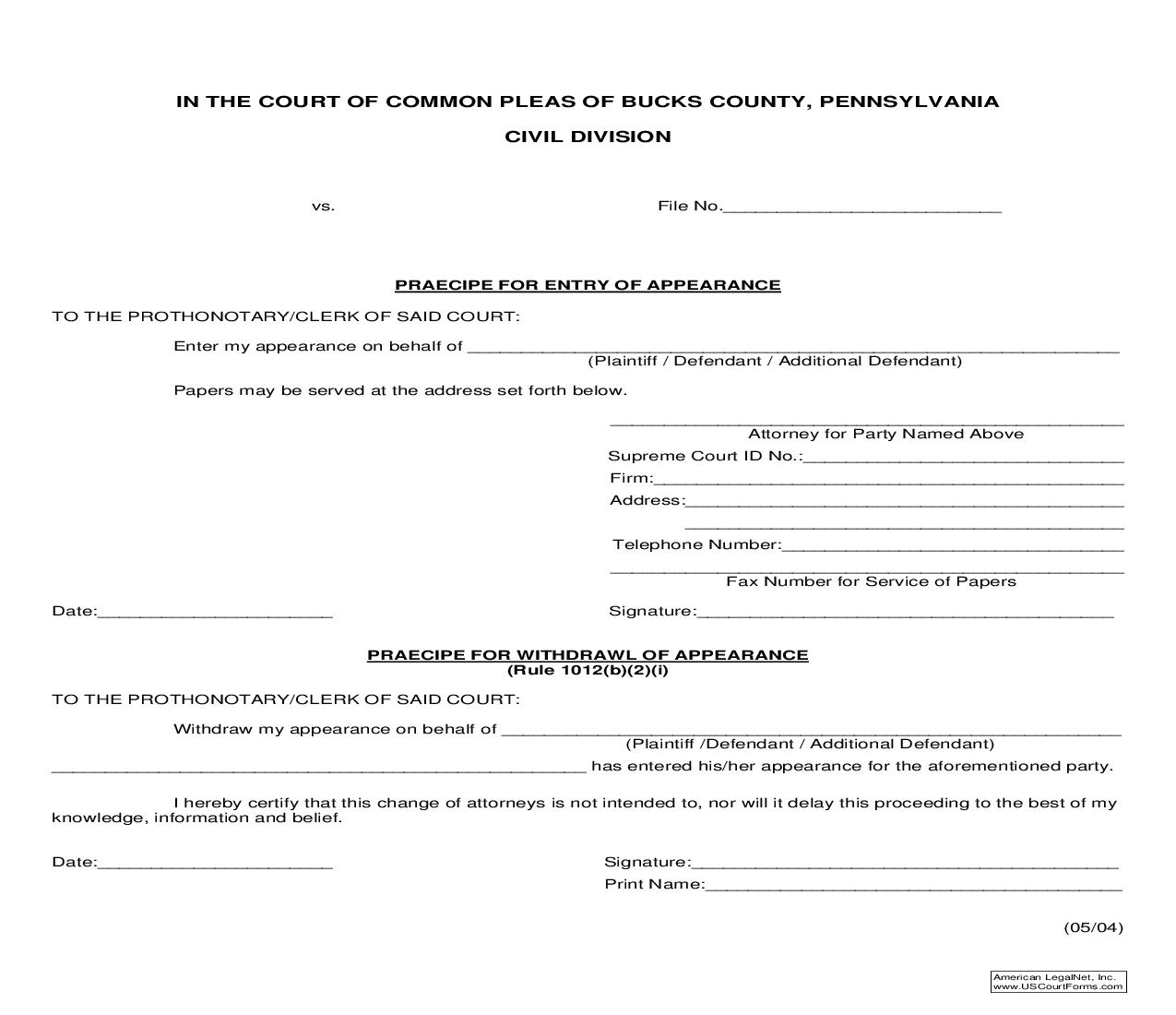 Praecipe For Entry Of Appearance | Pdf Fpdf Doc Docx | Pennsylvania