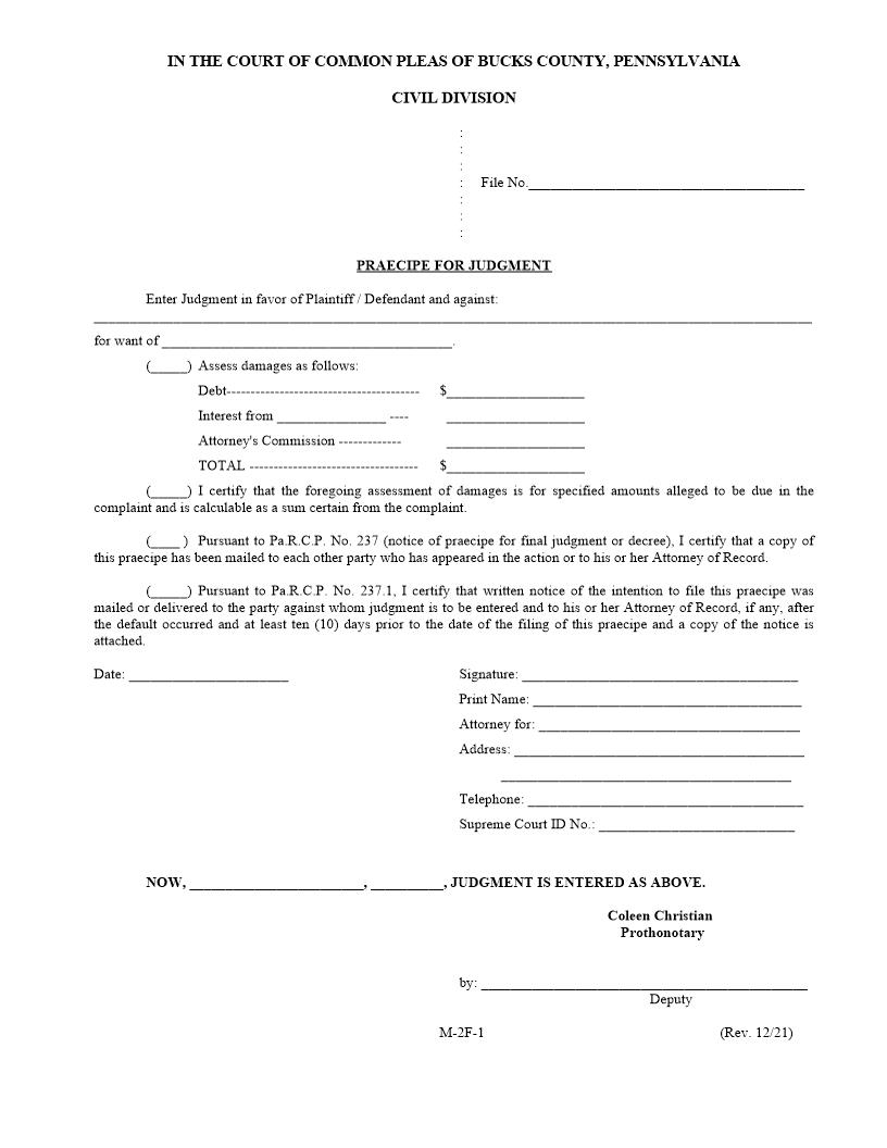 Praecipe For Judgment {M-2F-1} | Pdf Fpdf Docx | Pennsylvania