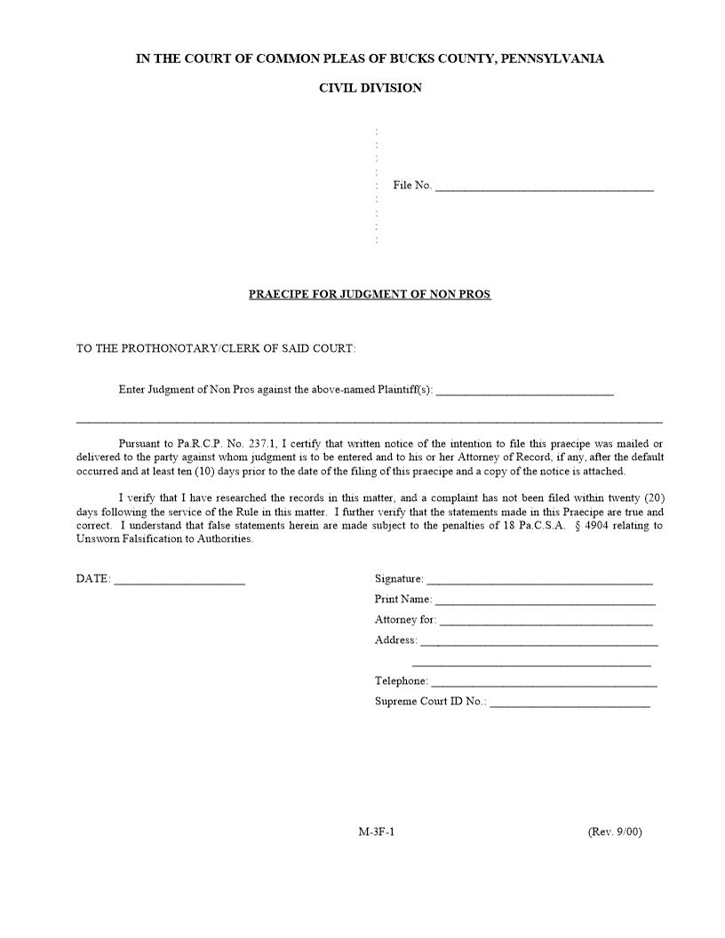 Praecipe For Judgment Of Non Pros {M-3F-1} | Pdf Fpdf Doc Docx | Pennsylvania