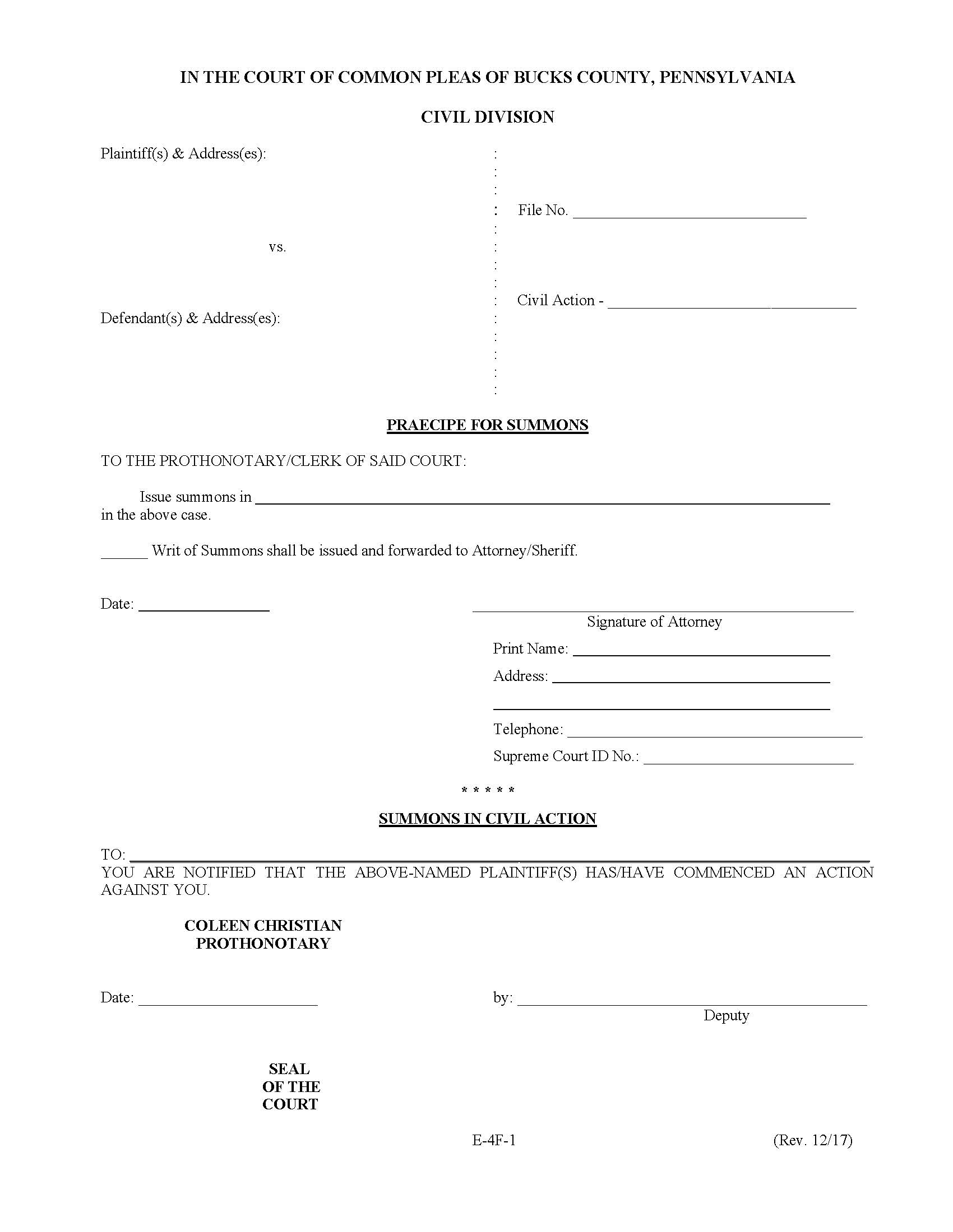 Praecipe For Summons {E-4F-1} | Pdf Fpdf Docx | Pennsylvania