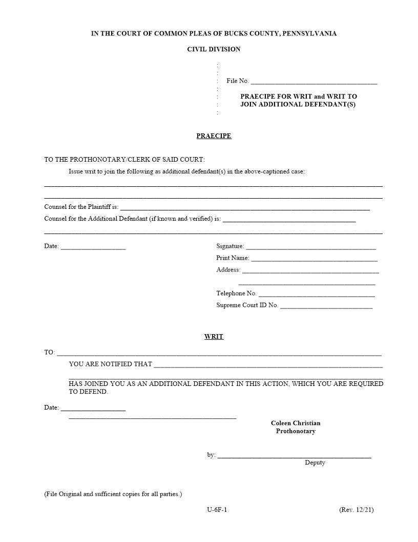 Praecipe For Writ And Writ To Join Additional Defendants {U-6F-1} | Pdf Fpdf Docx | Pennsylvania