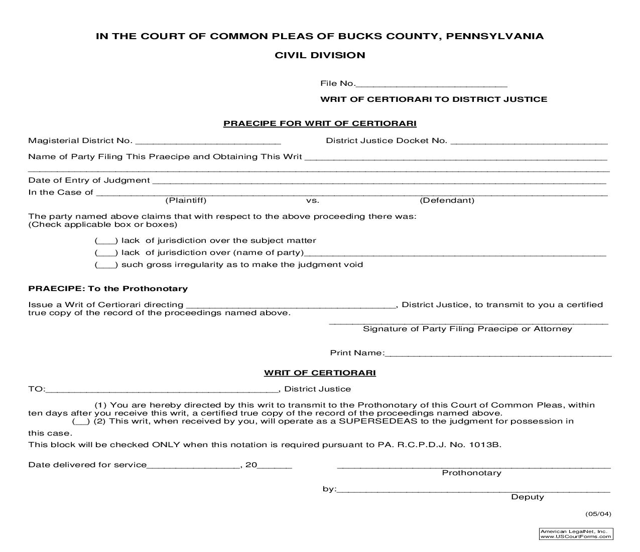 Praecipe For Writ Of Certiorari | Pdf Fpdf Doc Docx | Pennsylvania