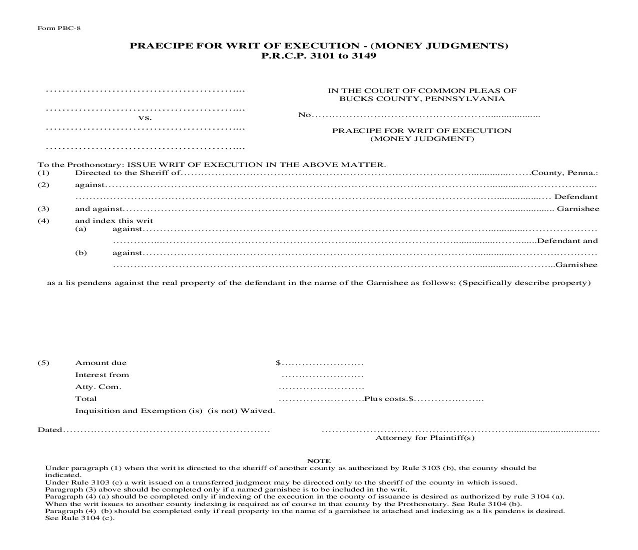 Praecipe For Writ Of Execution Money Judgment {PBC-8} | Pdf Fpdf Doc Docx | Pennsylvania
