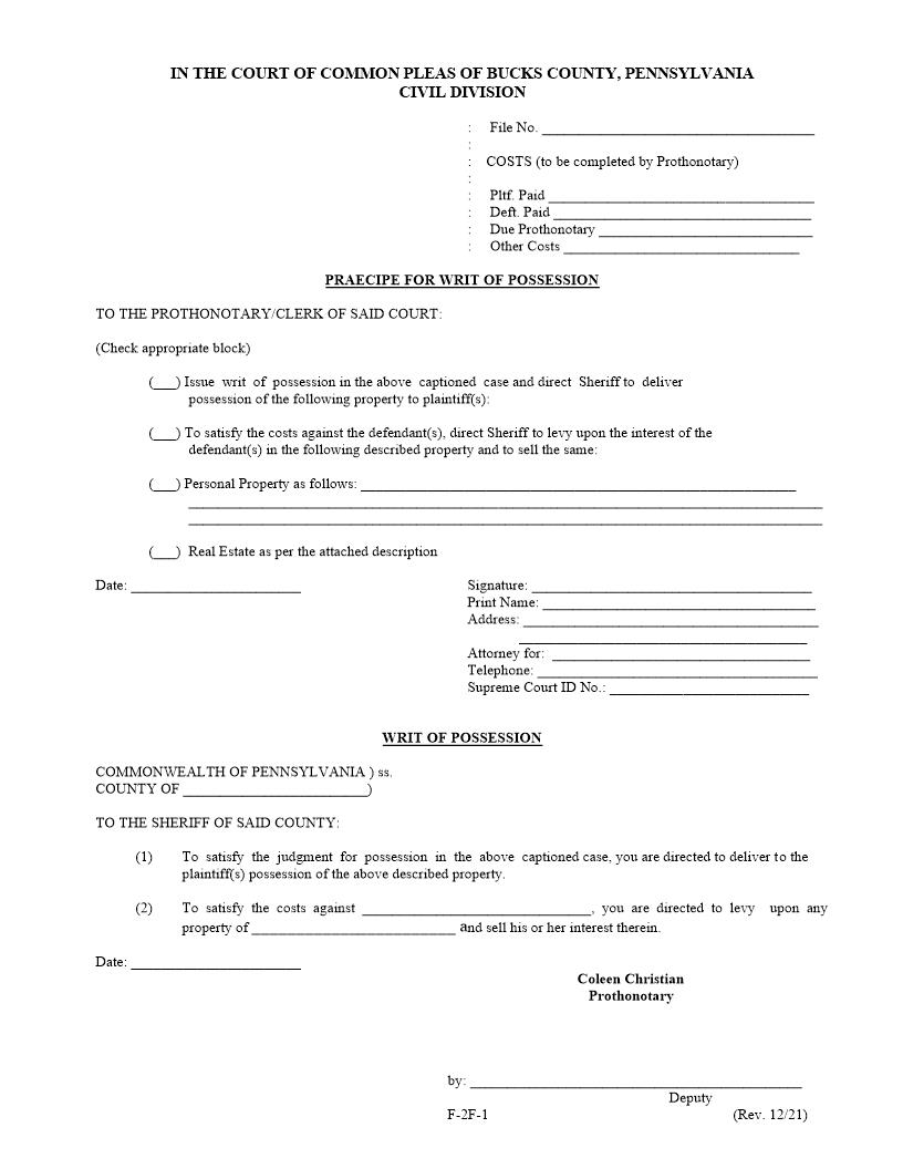 Praecipe For Writ Of Possession {F-2F-1} | Pdf Fpdf Docx | Pennsylvania