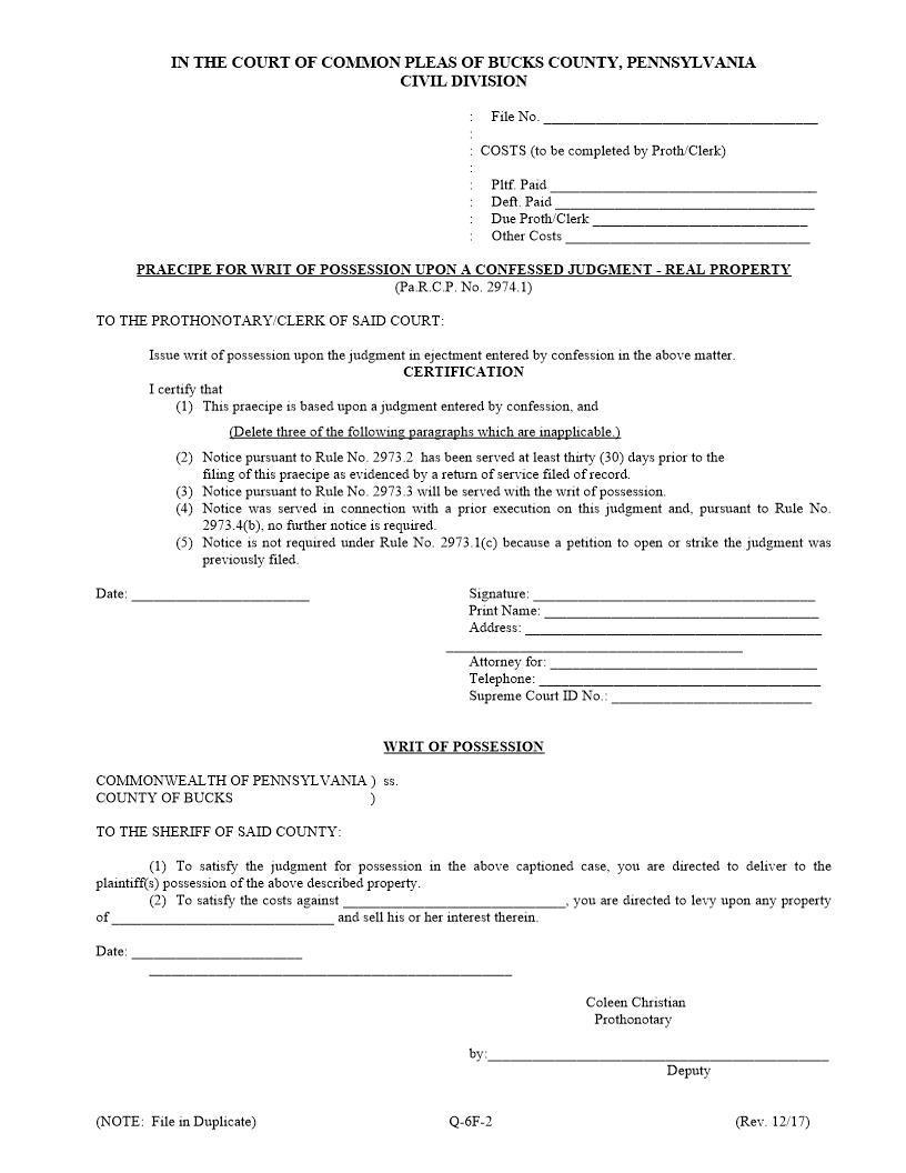 Praecipe For Writ Of Possession Upon A Confessed Judgment Real Property {Q-6F-2} | Pdf Fpdf Docx | Pennsylvania