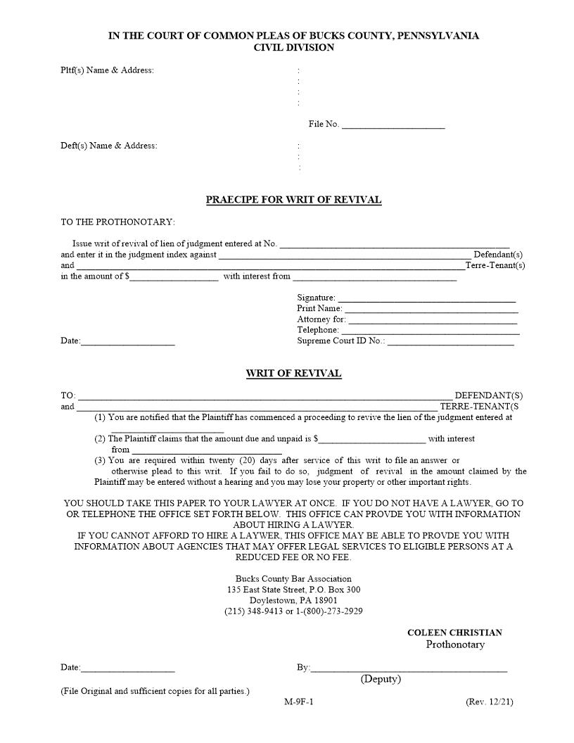 Praecipe For Writ Of Revival | Pdf Fpdf Docx | Pennsylvania