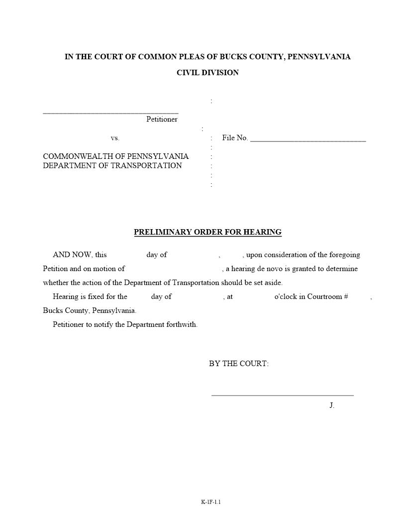 Preliminary Order For Hearing | Pdf Fpdf Doc Docx | Pennsylvania