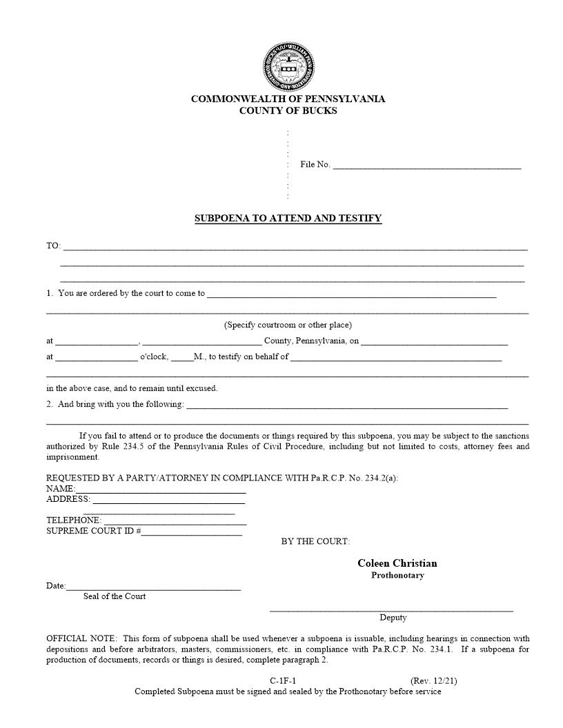 Subpoena To Attend And Testify {C-1F-1} | Pdf Fpdf Docx | Pennsylvania
