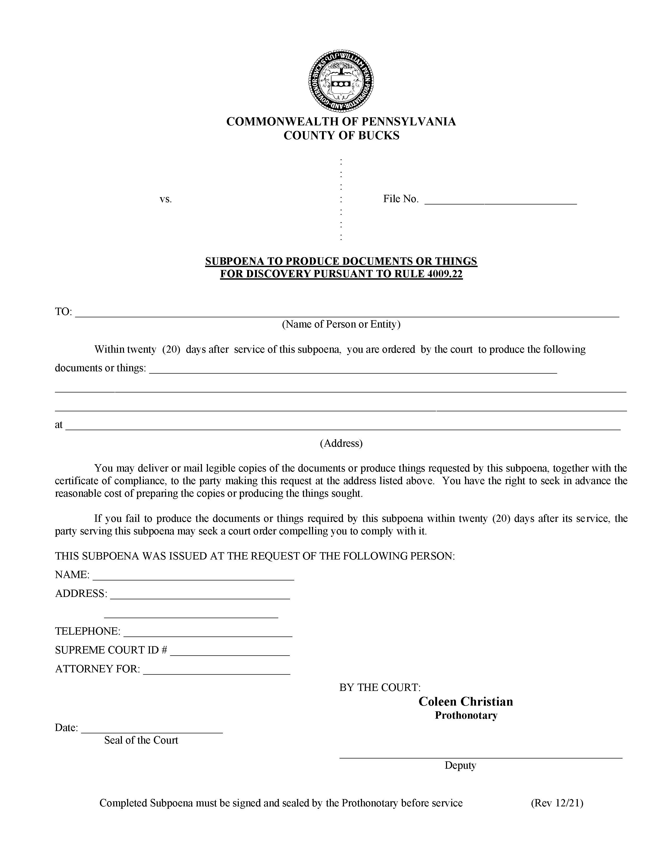 Subpoena To Produce Documents Or Things For Discovery {C-1F-4} | Pdf Fpdf Docx | Pennsylvania