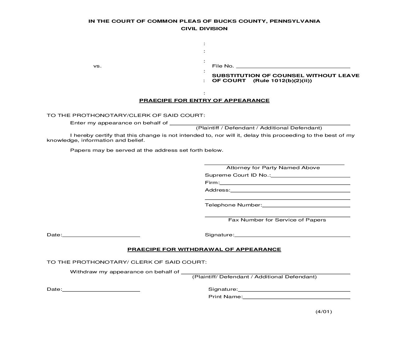 Substitution Of Counsel Without Leave Of Court | Pdf Fpdf Doc Docx | Pennsylvania