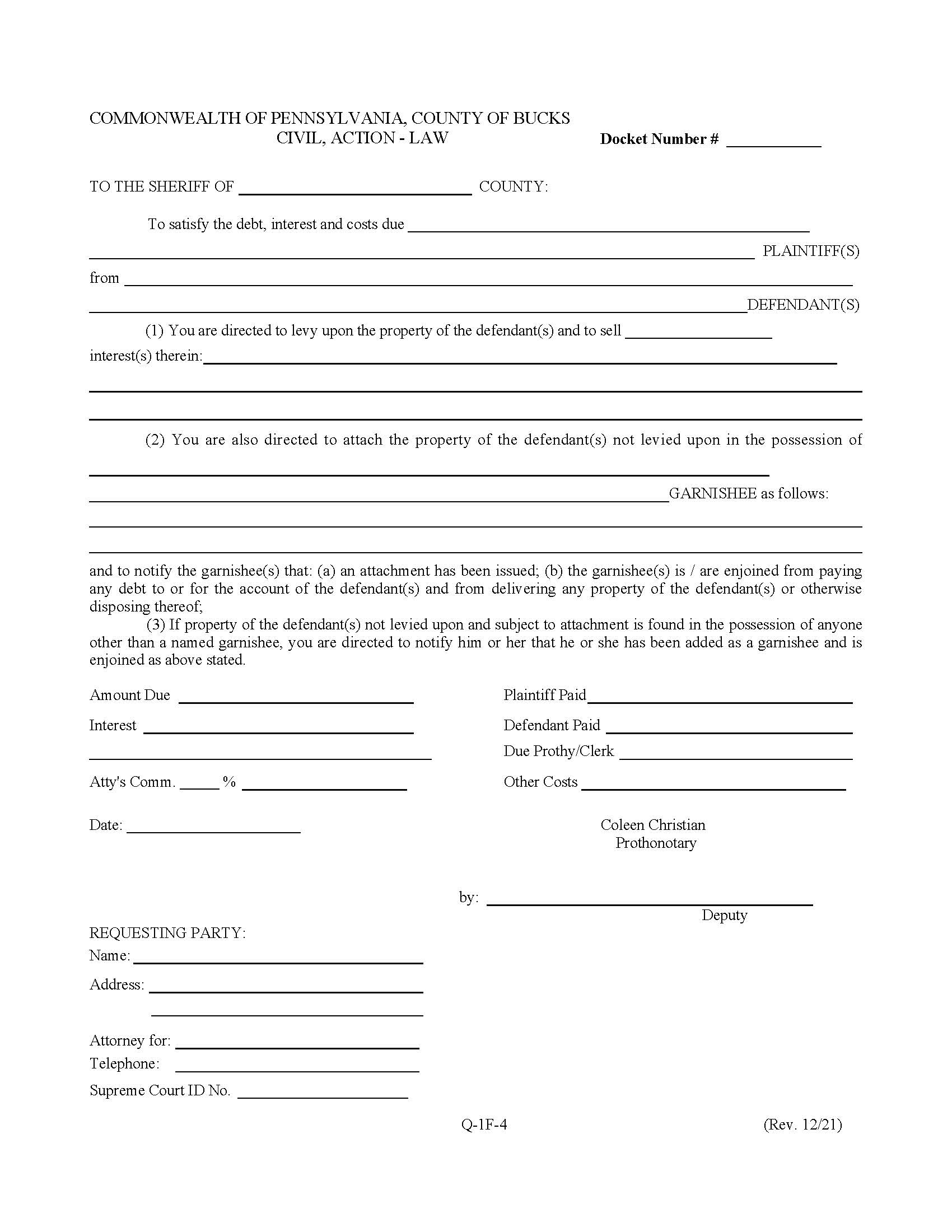 Writ Of Execution And Or Attachment {Q-1F-4} | Pdf Fpdf Docx | Pennsylvania