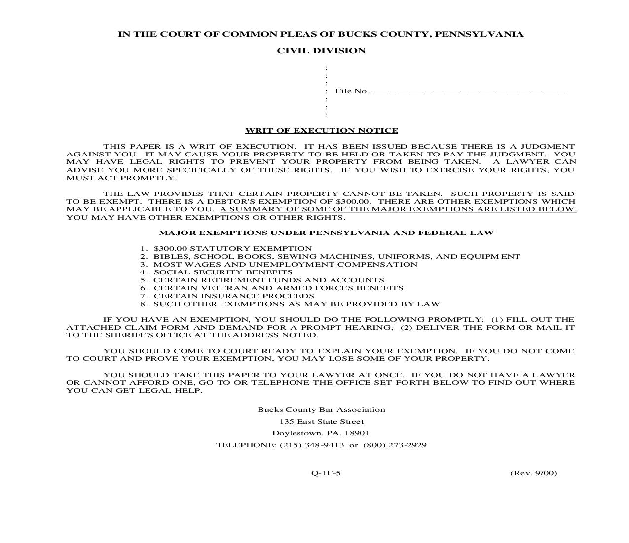 Writ Of Execution Notice {Q-1F-5} | Pdf Fpdf Doc Docx | Pennsylvania