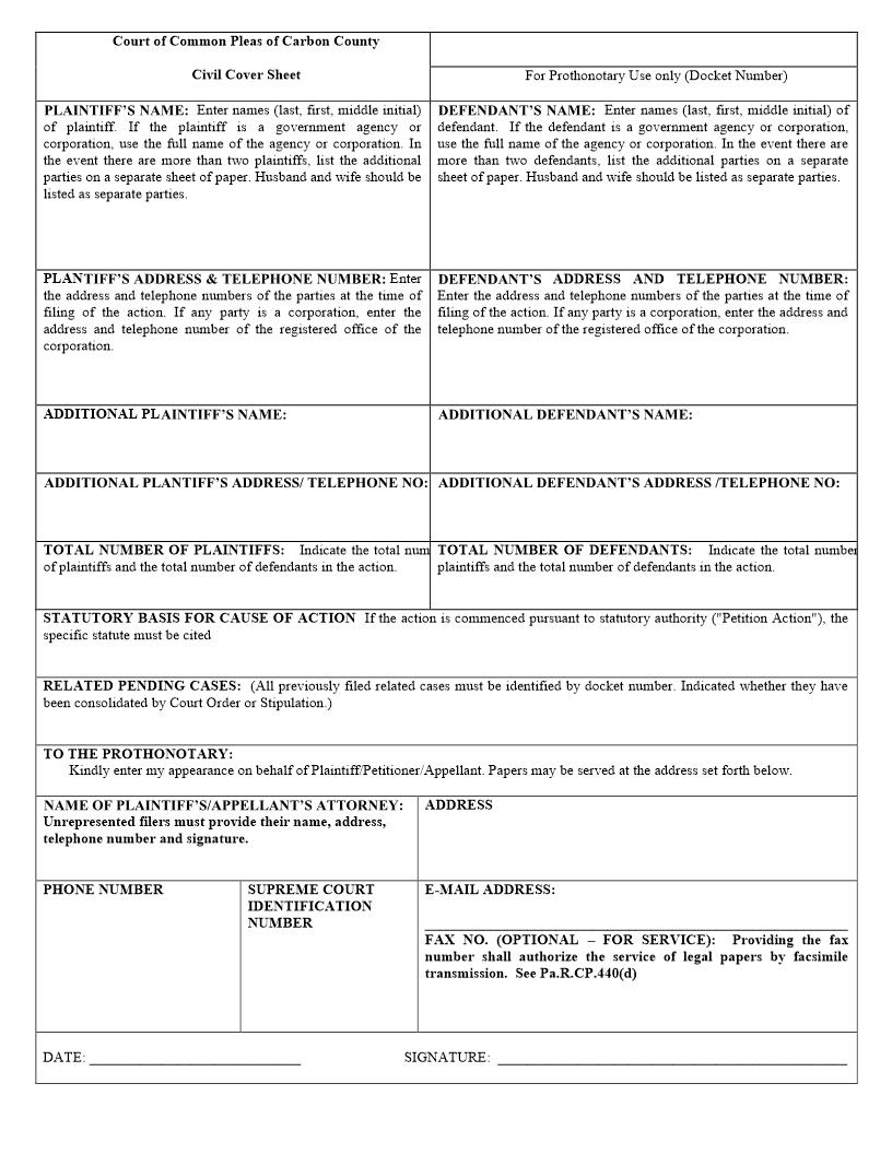 Civil Cover Sheet | Pdf Fpdf Docx | Pennsylvania