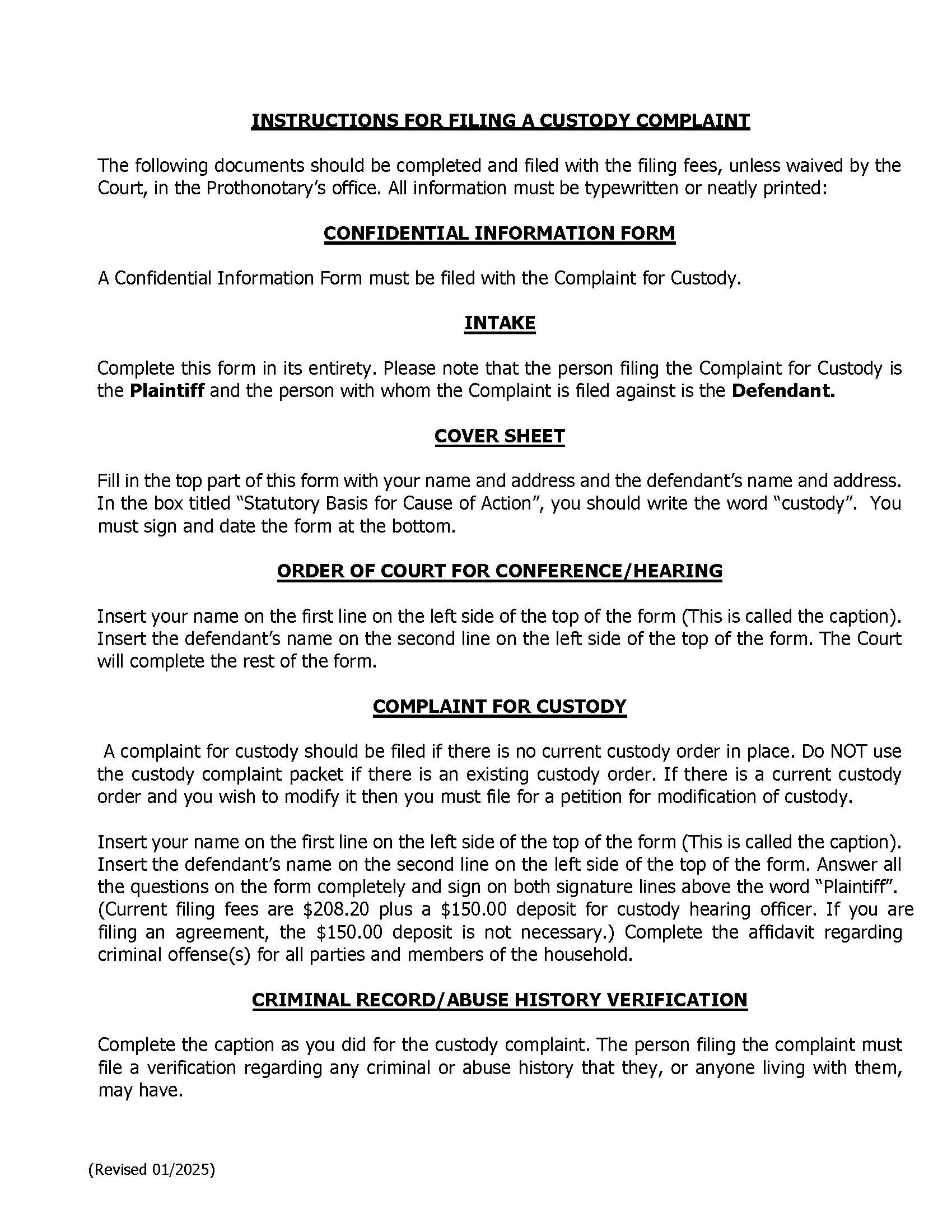 Custody Complaint Packet | Pdf Fpdf Docx | Pennsylvania