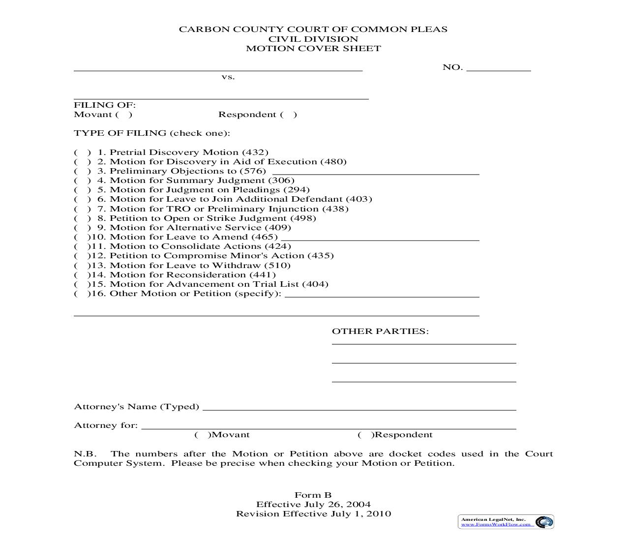 Motion Cover Sheet | Pdf Fpdf Doc Docx | Pennsylvania