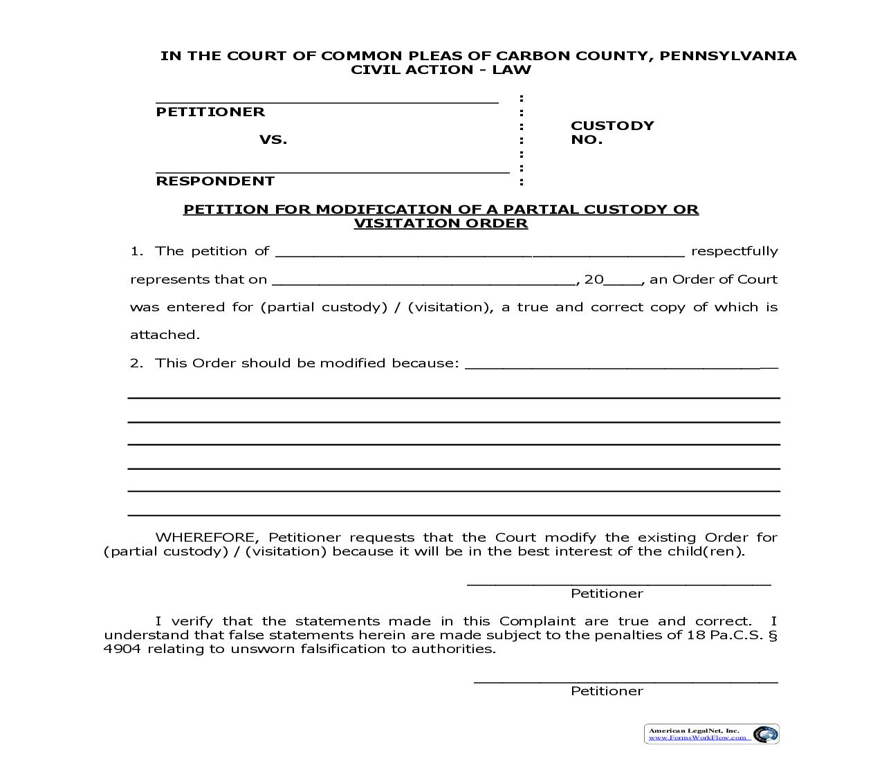 Petition For Modification Of A Partial Custody Or Visitation Order | Pdf Fpdf Doc Docx | Pennsylvania