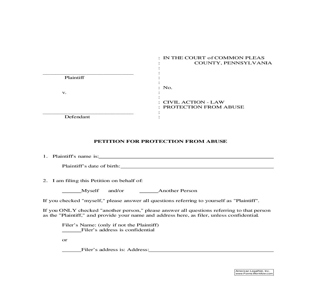 Petition For Protection From Abuse | Pdf Fpdf Doc Docx | Pennsylvania
