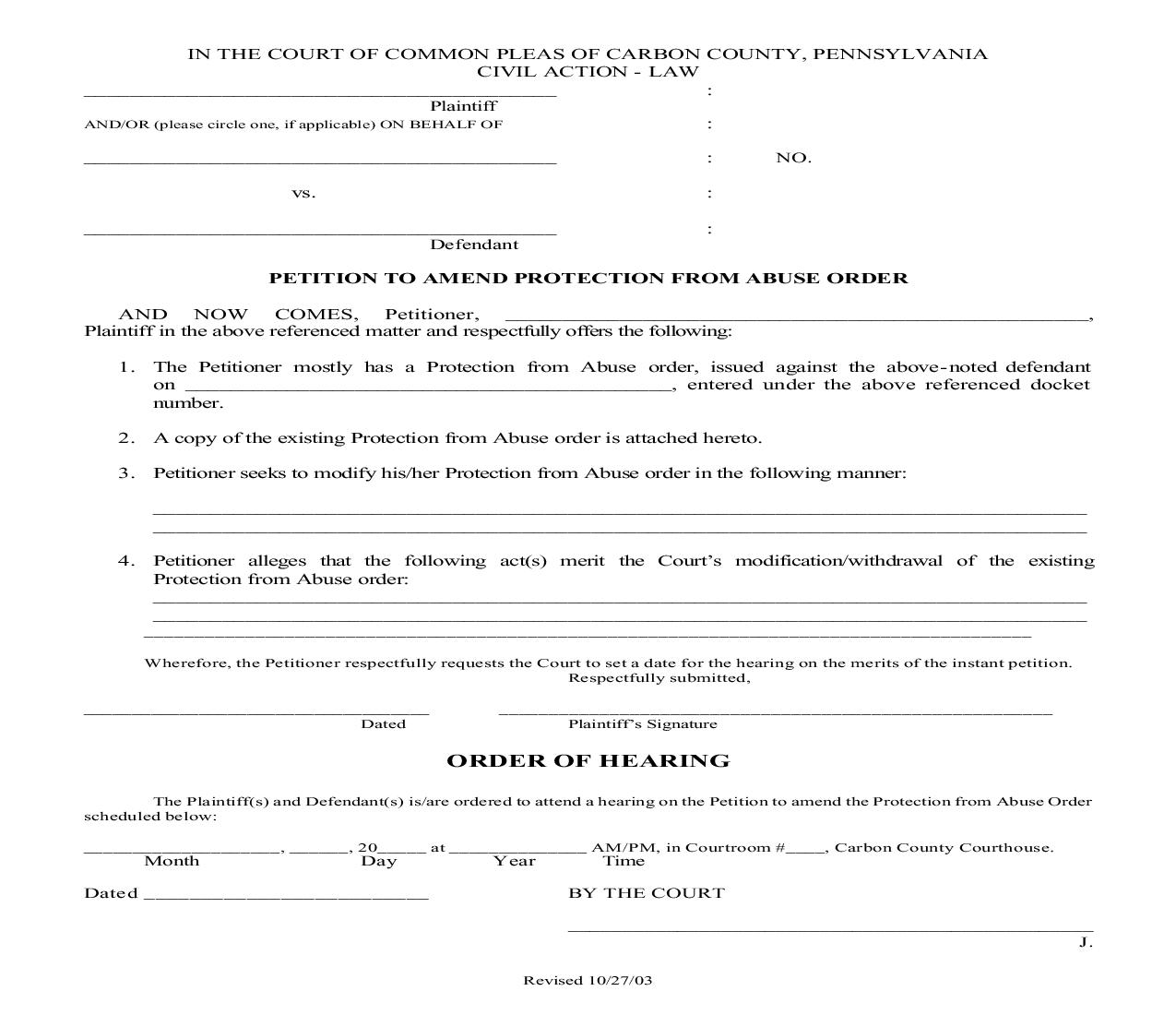 Petition To Amend Protection From Abuse Order And Order Of Hearing | Pdf Fpdf Doc Docx | Pennsylvania