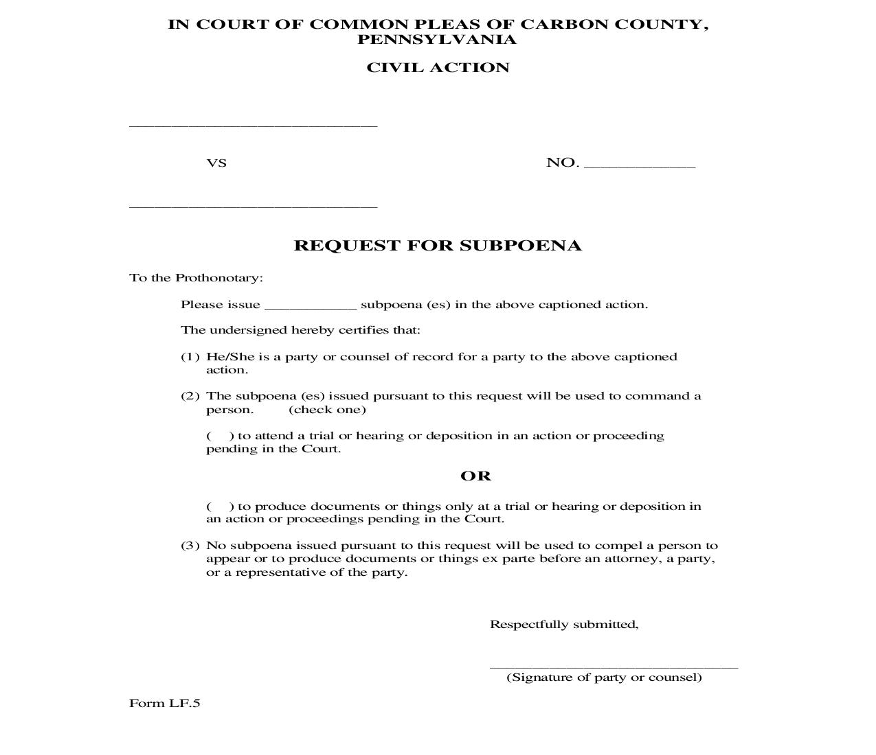 Request For Subpoena {LF.5} | Pdf Fpdf Doc Docx | Pennsylvania