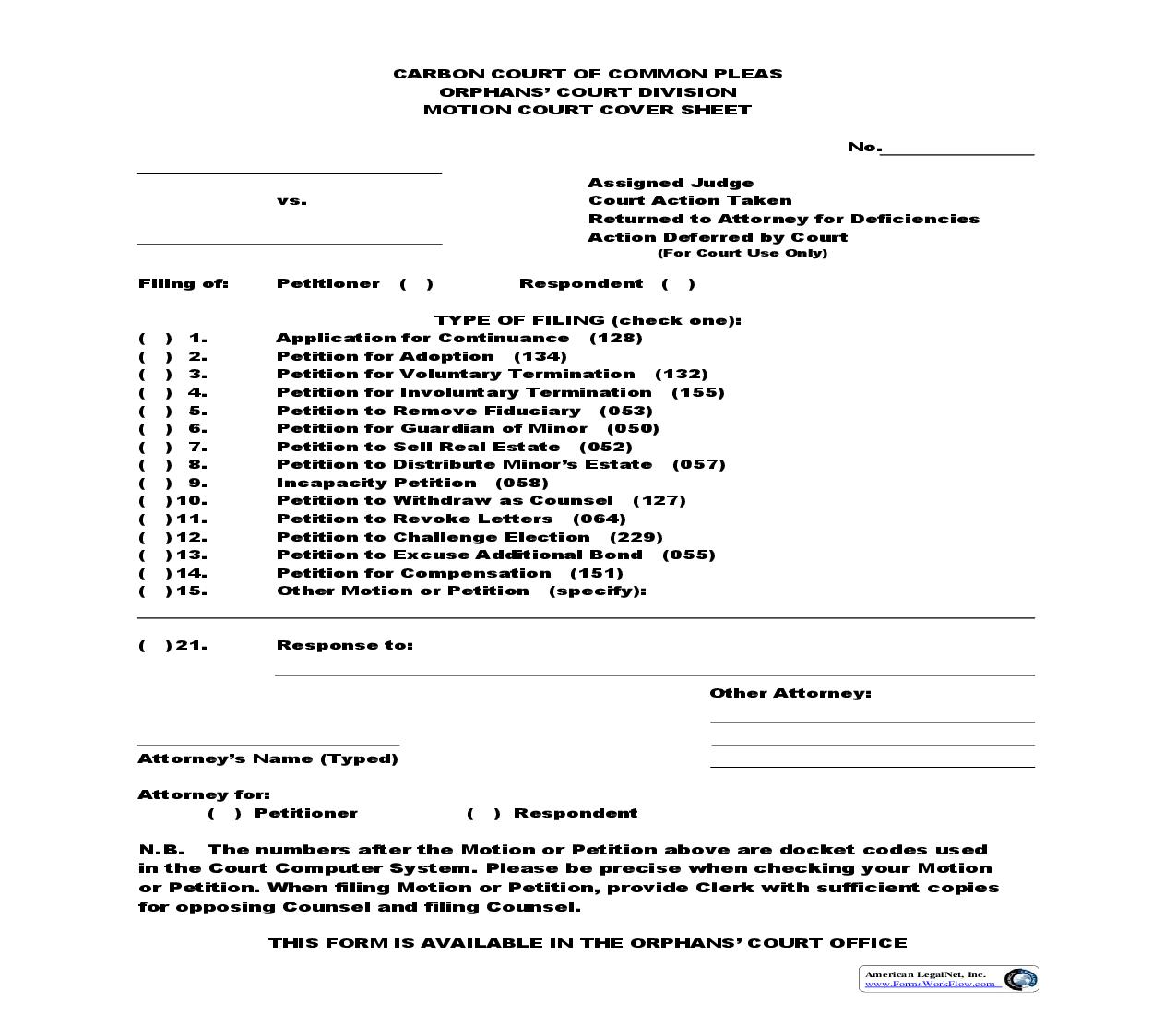Motion Court Cover Sheet | Pdf Fpdf Doc Docx | Pennsylvania