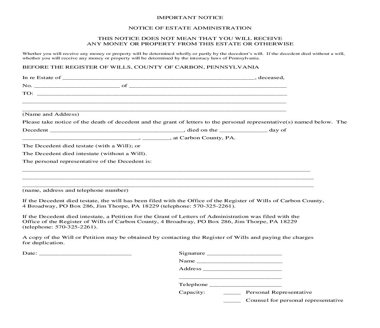 Notice Of Estate Administration | Pdf Fpdf Doc Docx | Pennsylvania