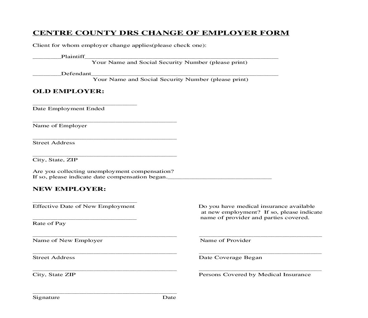Change Of Employer Form | Pdf Fpdf Doc Docx | Pennsylvania