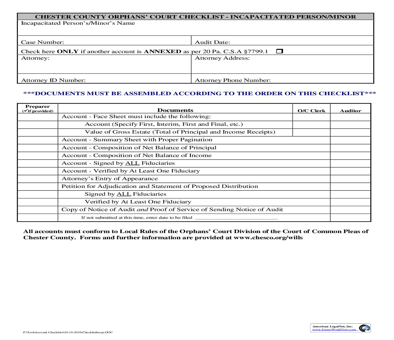 Checklist-Incapacitated Person-Minor | Pdf Fpdf Doc Docx | Pennsylvania