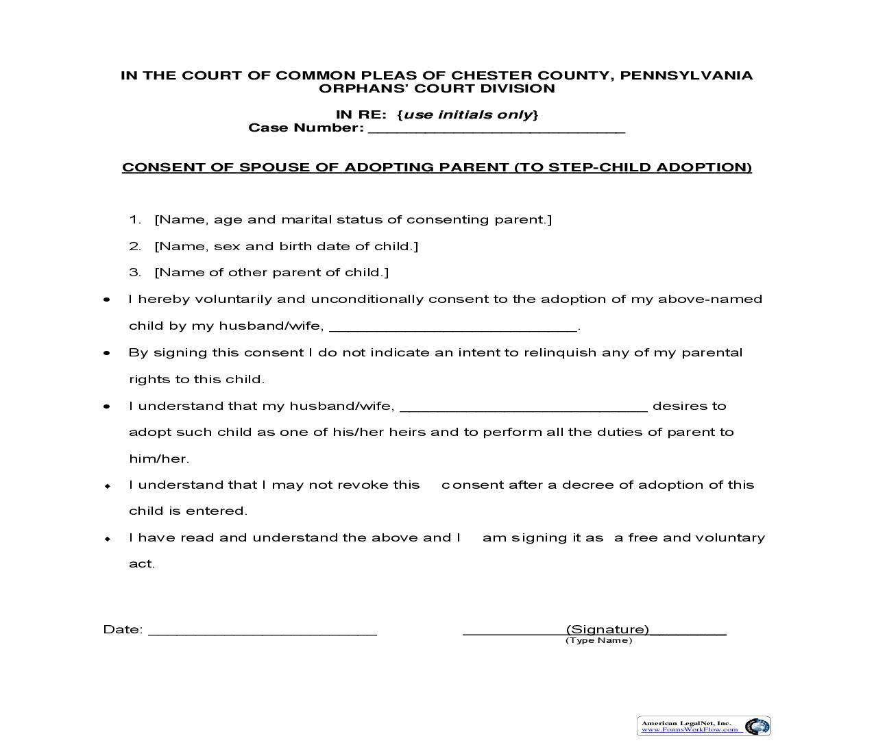 Consent Of Spouse Of Adopting Parent-To Step-Child Adoption | Pdf Fpdf Doc Docx | Pennsylvania