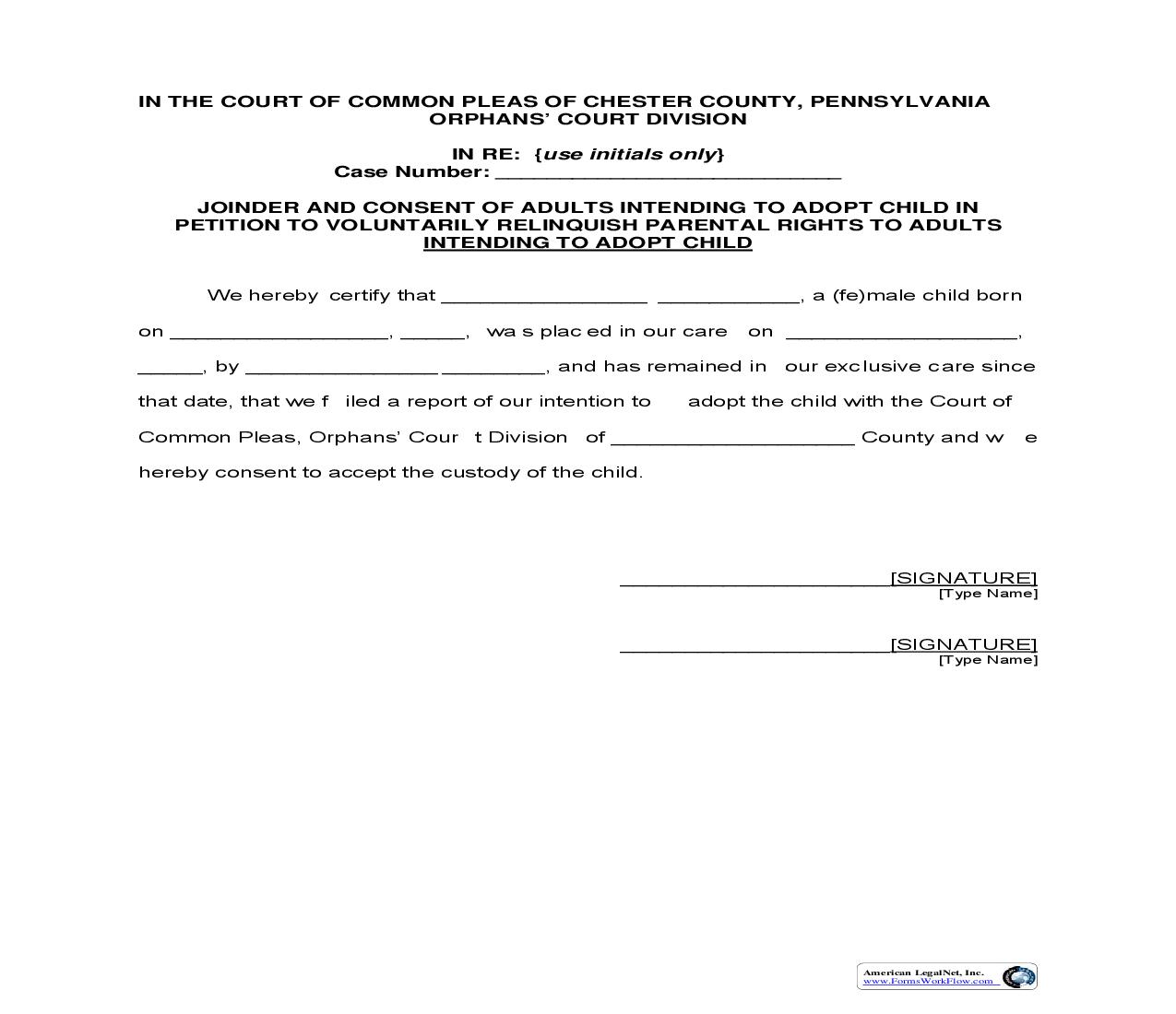 Joinder And Consent Of Adults In Petition To Voluntarily Relinquish Parental Rights To Adults Intending To Adopt Child | Pdf Fpdf Doc Docx | Pennsylvania