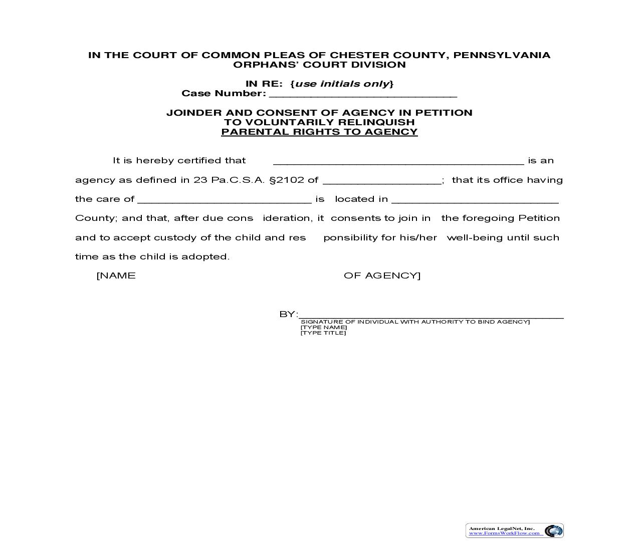 Joinder And Consent Of Agency In Petition To Voluntarily Relinquish Parental Rights To Agency | Pdf Fpdf Doc Docx | Pennsylvania