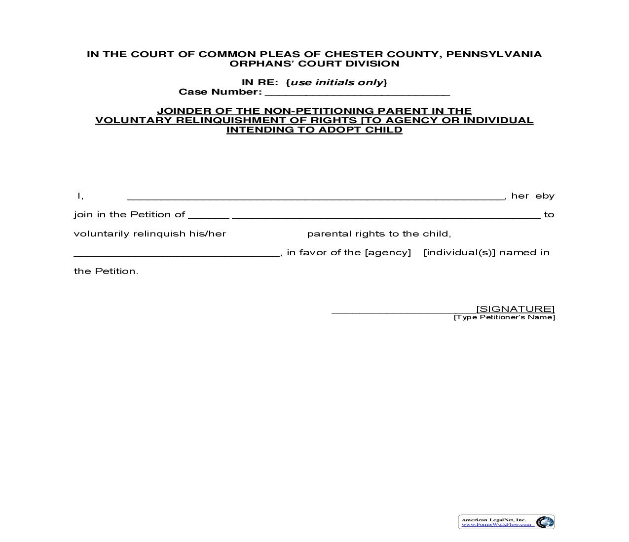 Joinder Of The Non-Petitioning Parent In The Voluntarily Relinquishment Of Rights | Pdf Fpdf Doc Docx | Pennsylvania