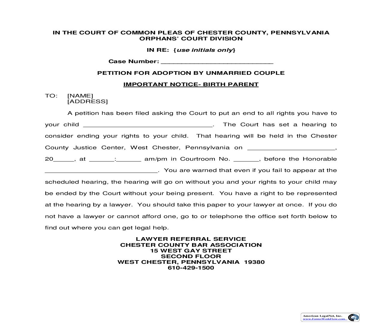 Petition For Adoption By Unmarried Couple Important Notice-Birth Parent | Pdf Fpdf Doc Docx | Pennsylvania