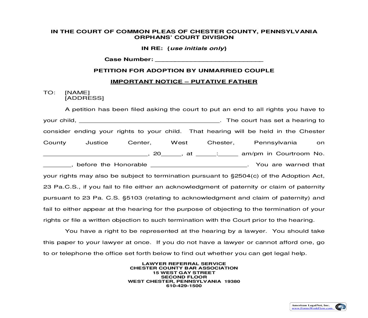 Petition For Adoption By Unmarried Couple Important Notice-Putative Father | Pdf Fpdf Doc Docx | Pennsylvania