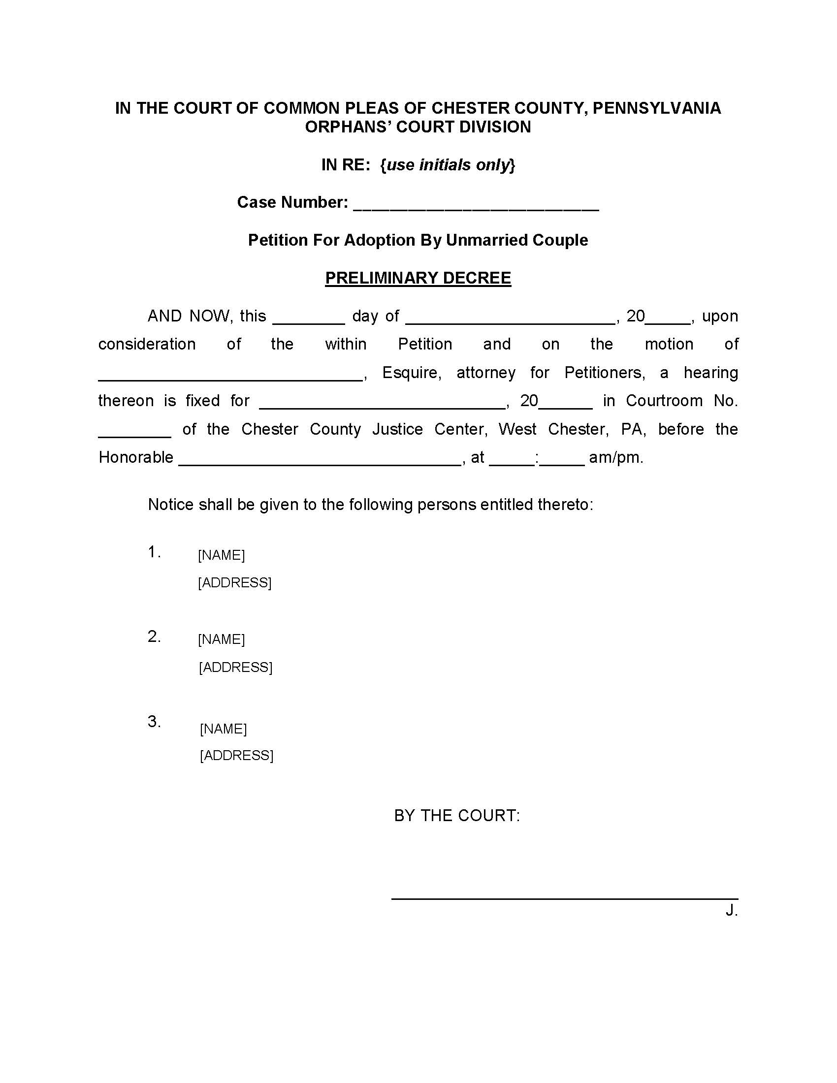 Petition For Adoption By Unmarried Couple Preliminary Decree | Pdf Fpdf Doc Docx | Pennsylvania