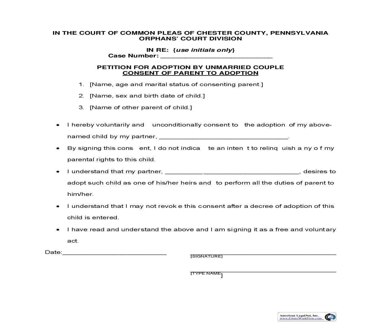 Petition For Adoption By Unmarried Couple-Consent Of Parent To Adoption | Pdf Fpdf Doc Docx | Pennsylvania