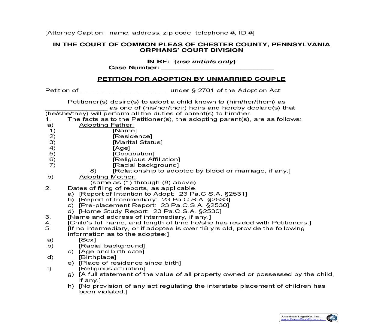 Petition For Adoption By Unmarried Couple | Pdf Fpdf Doc Docx | Pennsylvania