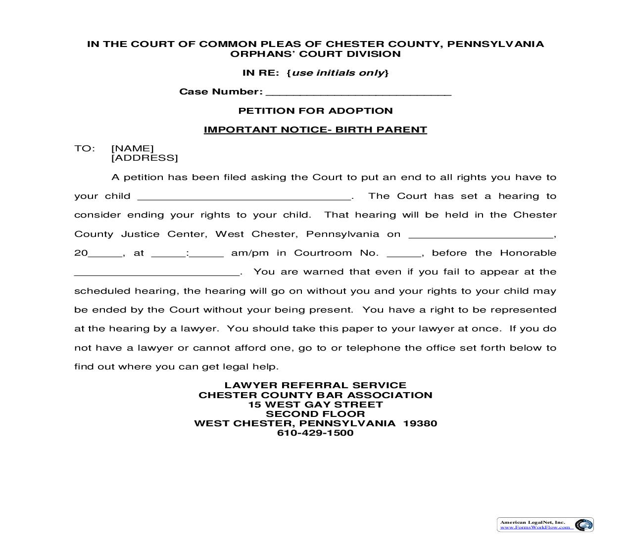 Petition For Adoption Important Notice-Birth Parent | Pdf Fpdf Doc Docx | Pennsylvania