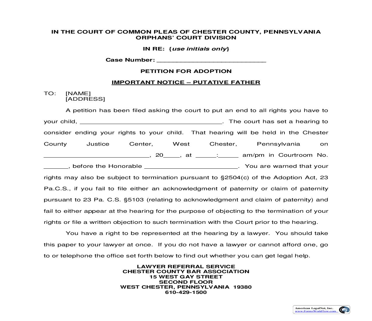 Petition For Adoption Important Notice-Putative Father | Pdf Fpdf Doc Docx | Pennsylvania