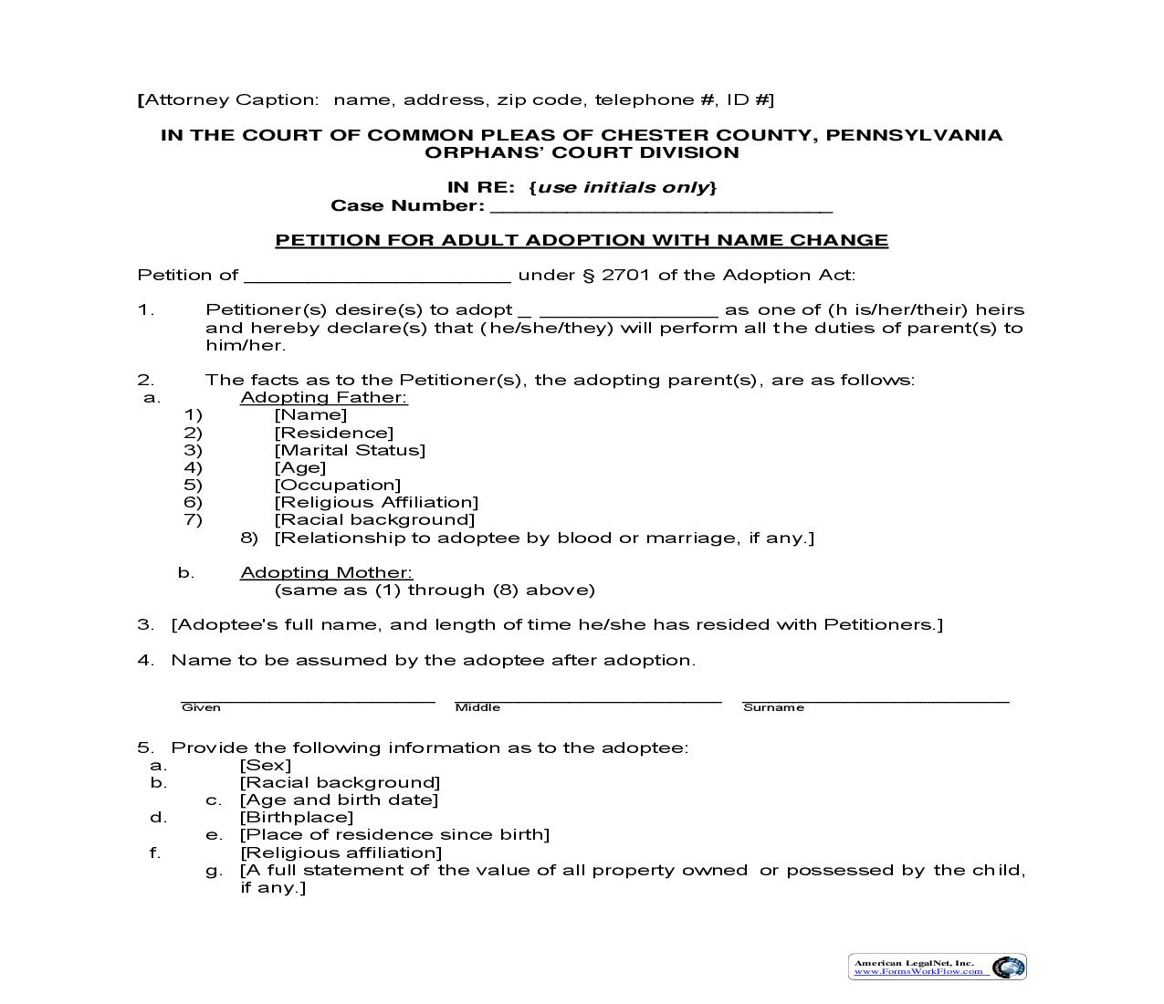 Petition For Adult Adoption With Name Change | Pdf Fpdf Doc Docx | Pennsylvania