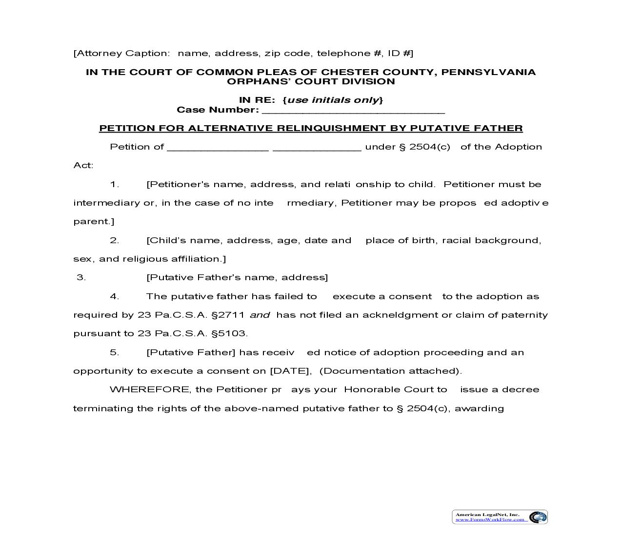 Petition For Alternative Relinquishment By Putative Father | Pdf Fpdf Doc Docx | Pennsylvania