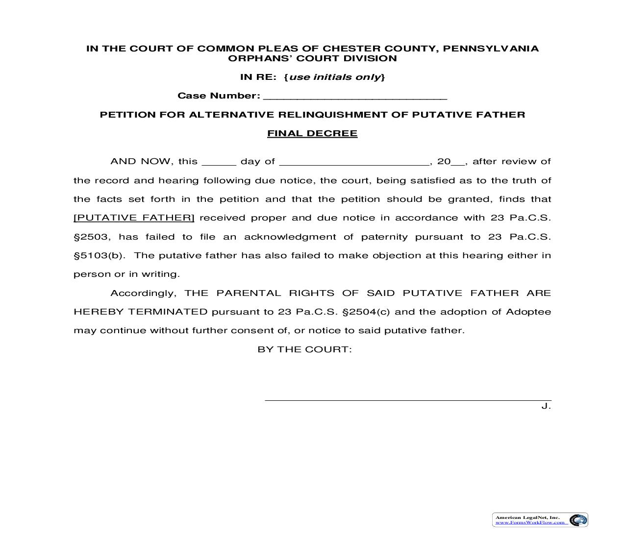 Petition For Alternative Relinquishment Of Putative Father Final Decree | Pdf Fpdf Doc Docx | Pennsylvania