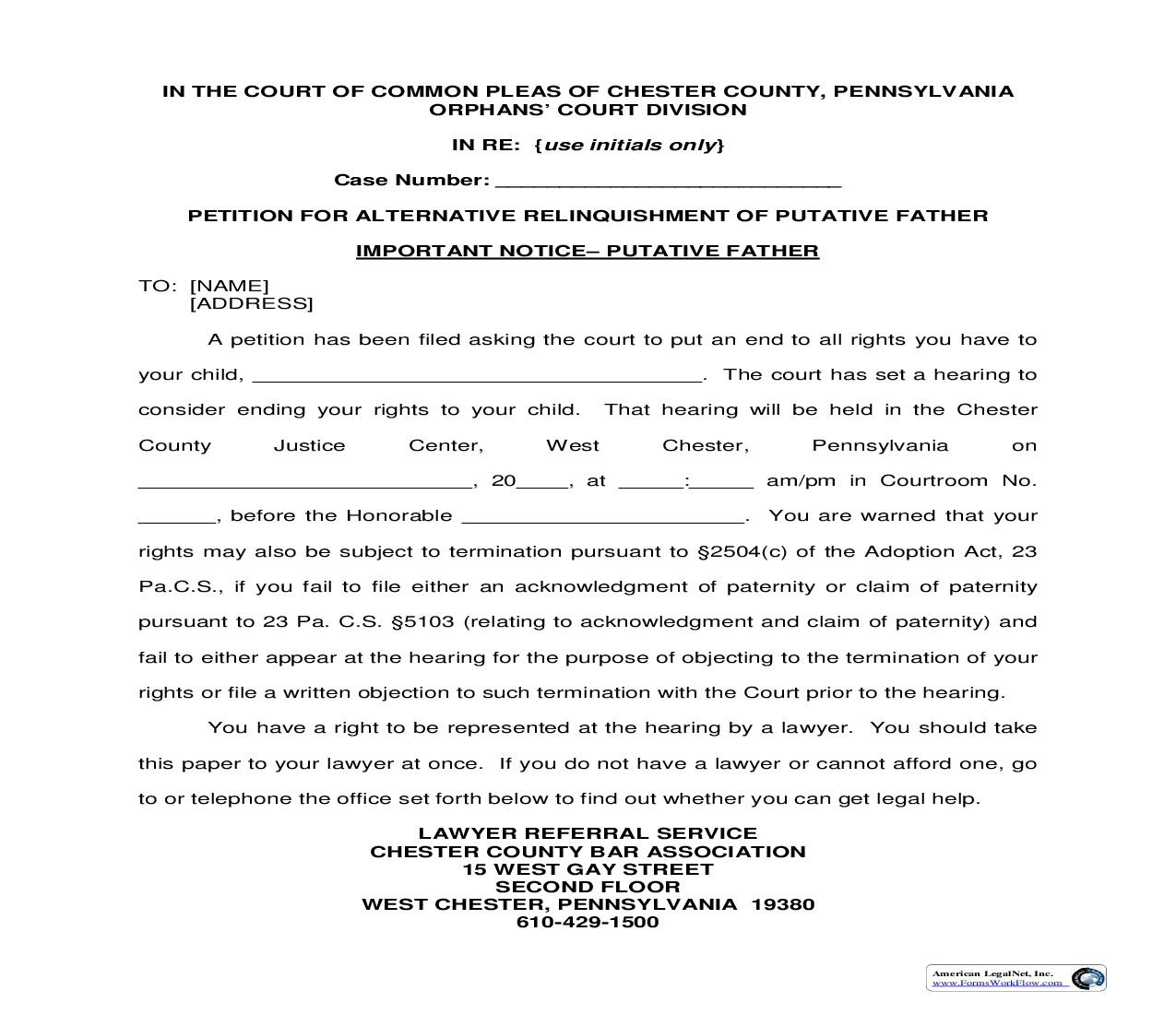 Petition For Alternative Relinquishment Of Putative Father Important Notice-Putative Father | Pdf Fpdf Doc Docx | Pennsylvania